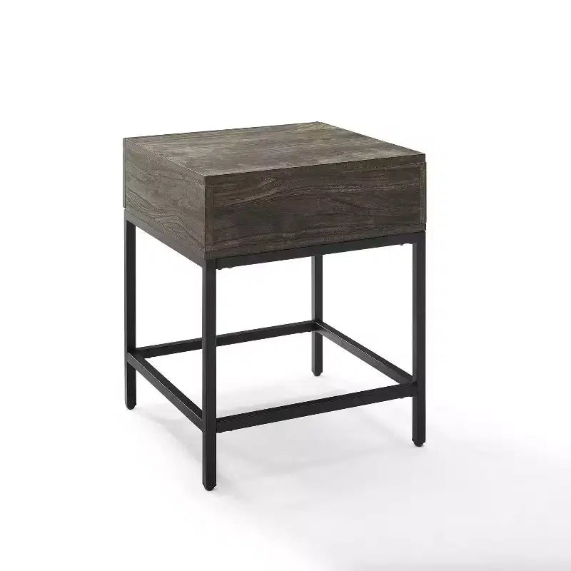 Jacobsen End Table with Drawer: Rustic Square Design, Matte Black Steel Base - Crosley