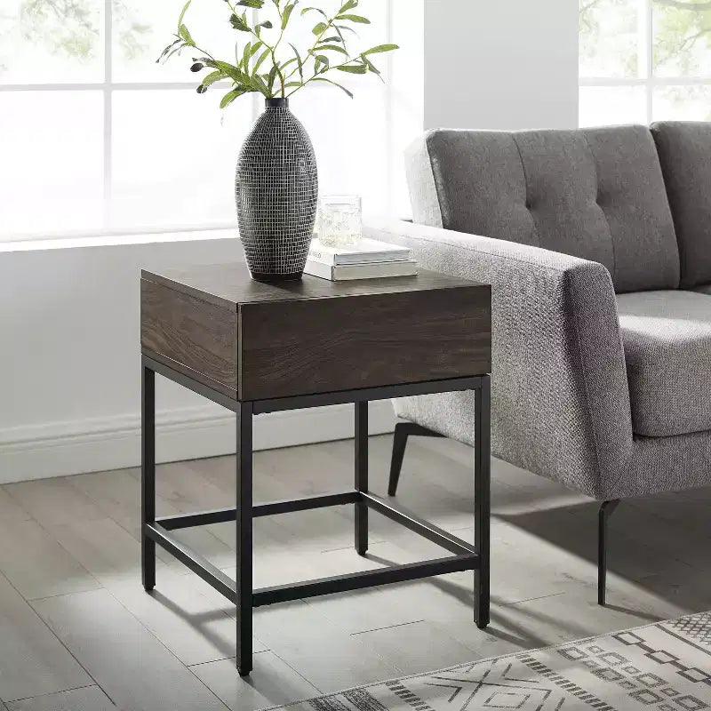 Jacobsen End Table with Drawer: Rustic Square Design, Matte Black Steel Base - Crosley
