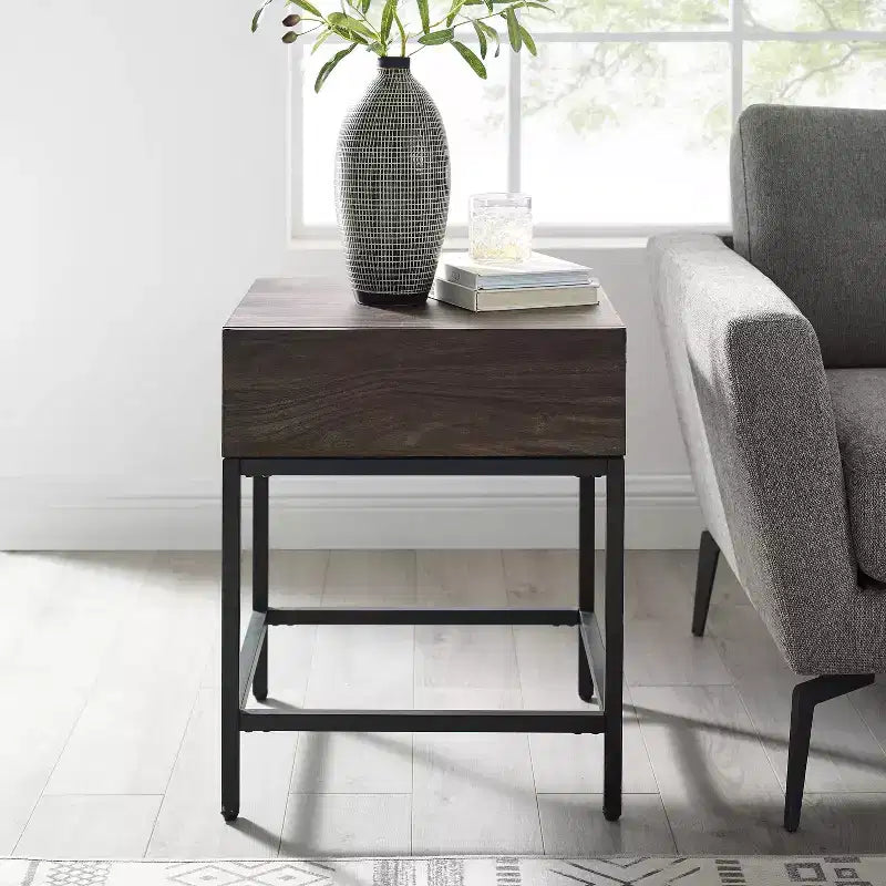 Jacobsen End Table with Drawer: Rustic Square Design, Matte Black Steel Base - Crosley