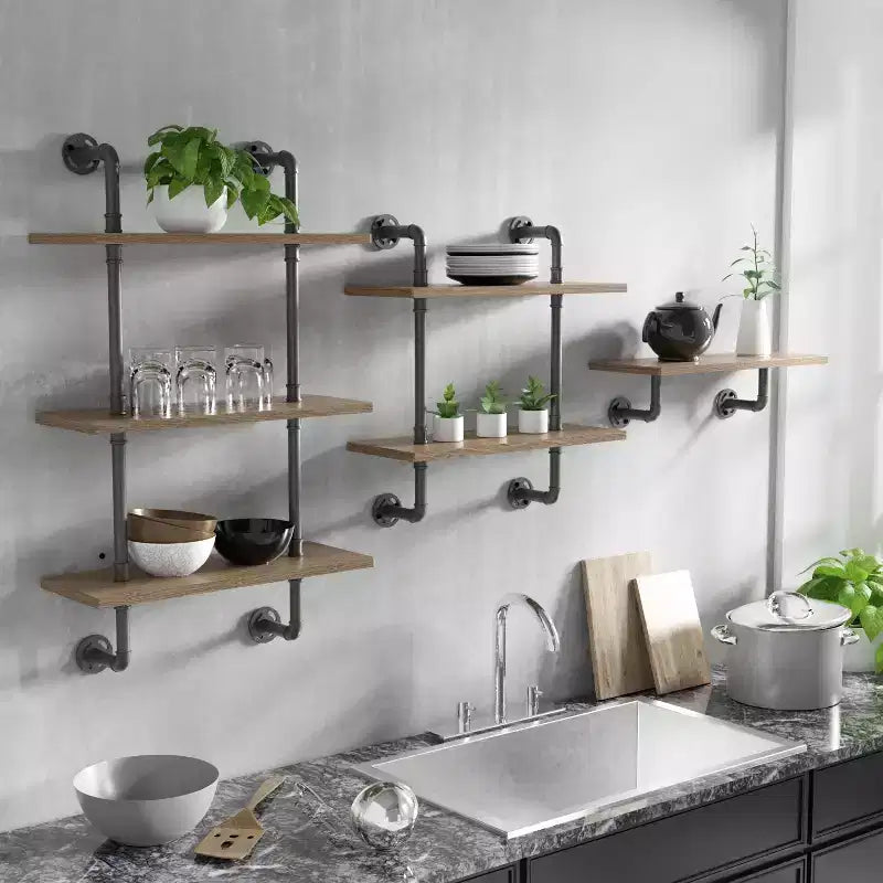 24/7 Shop At Home Dylan 3 Layer Floating Shelves Natural: Industrial Ladder Wall, Metal Frame