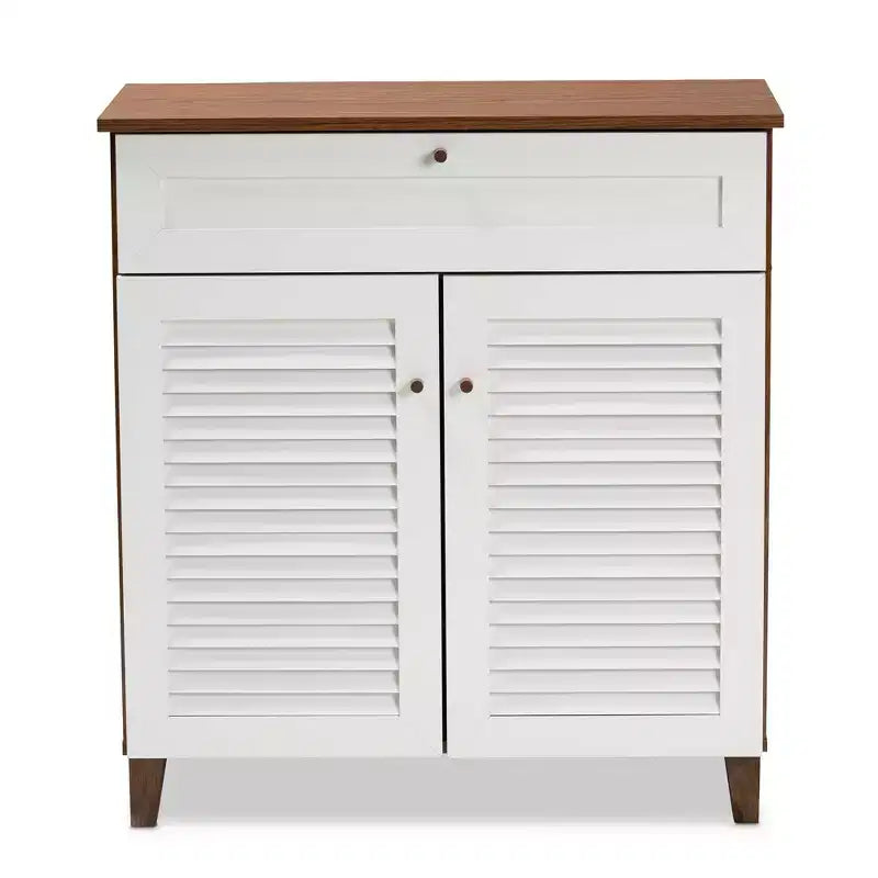 Coolidge 4 Shelf Wood Shoe Cabinet with Drawer White/Walnut - Baxton Studio