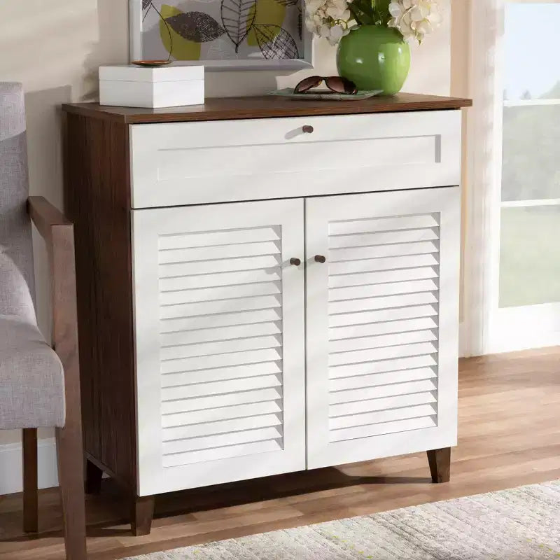 Coolidge 4 Shelf Wood Shoe Cabinet with Drawer White/Walnut - Baxton Studio