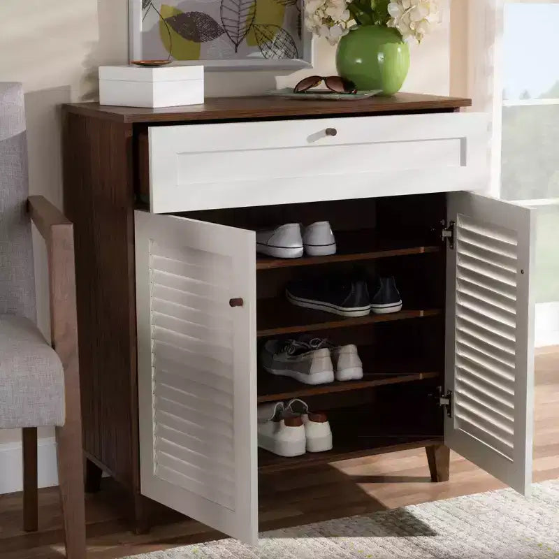 Coolidge 4 Shelf Wood Shoe Cabinet with Drawer White/Walnut - Baxton Studio