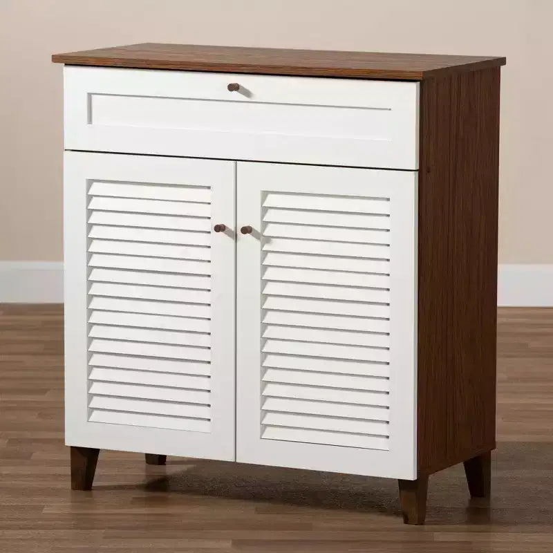 Coolidge 4 Shelf Wood Shoe Cabinet with Drawer White/Walnut - Baxton Studio