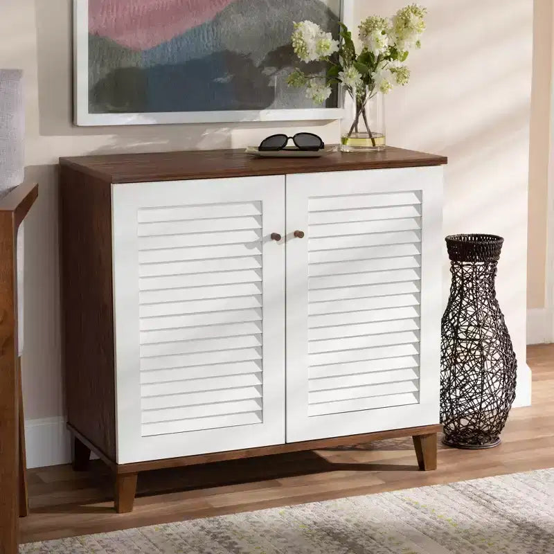 Coolidge 4 Shelf Wood Shoe Cabinet White/Walnut - Baxton Studio