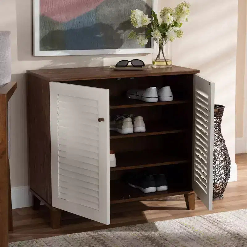 Coolidge 4 Shelf Wood Shoe Cabinet White/Walnut - Baxton Studio
