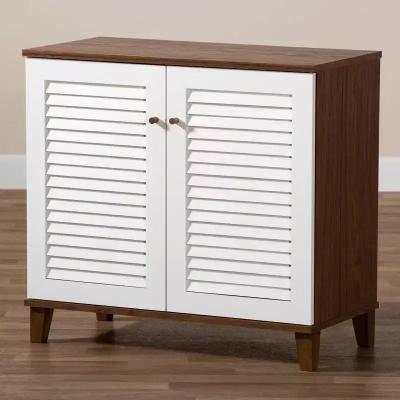 Coolidge 4 Shelf Wood Shoe Cabinet White/Walnut - Baxton Studio