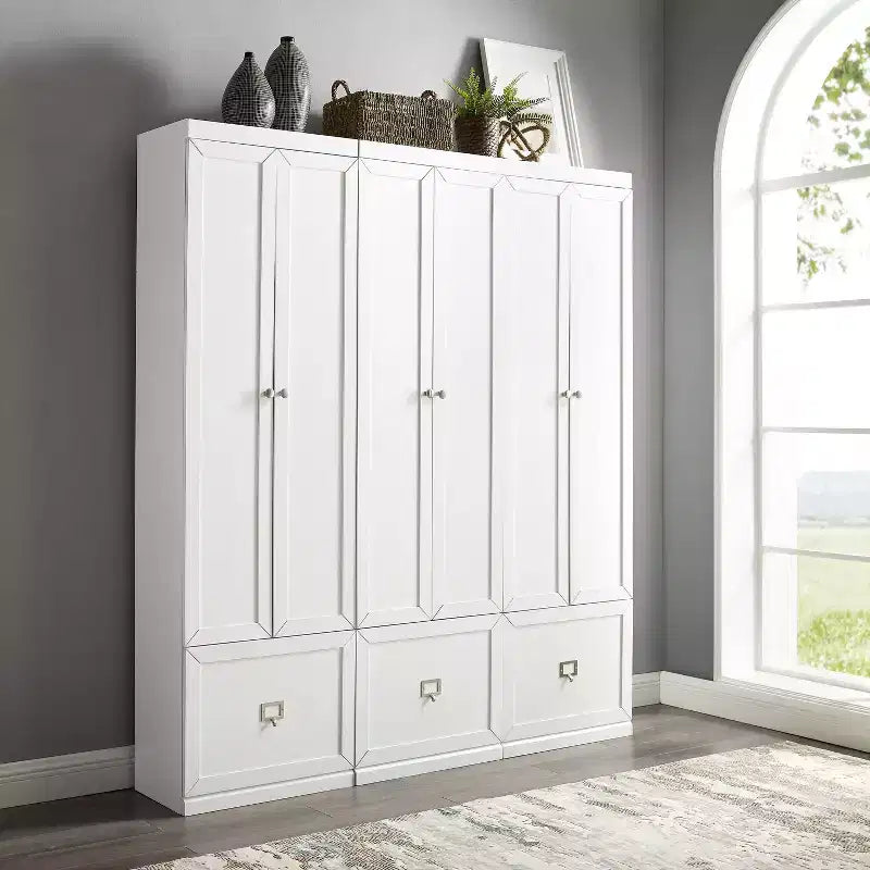 3pc Harper Entryway Pantry Closets White - Crosley: MDF Composite, Wood Veneer, 6 Doors, 3 Drawers, 9 Hooks, 74" Height