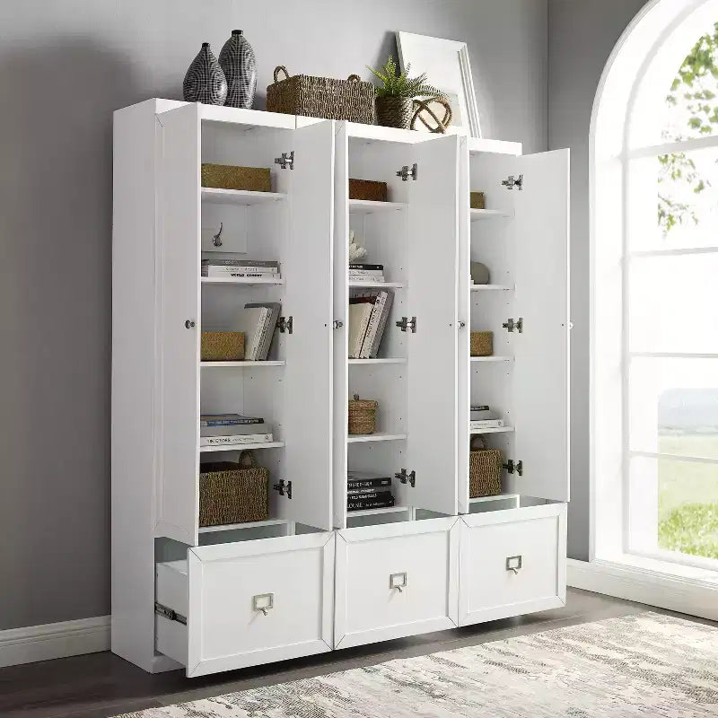 3pc Harper Entryway Pantry Closets White - Crosley: MDF Composite, Wood Veneer, 6 Doors, 3 Drawers, 9 Hooks, 74" Height