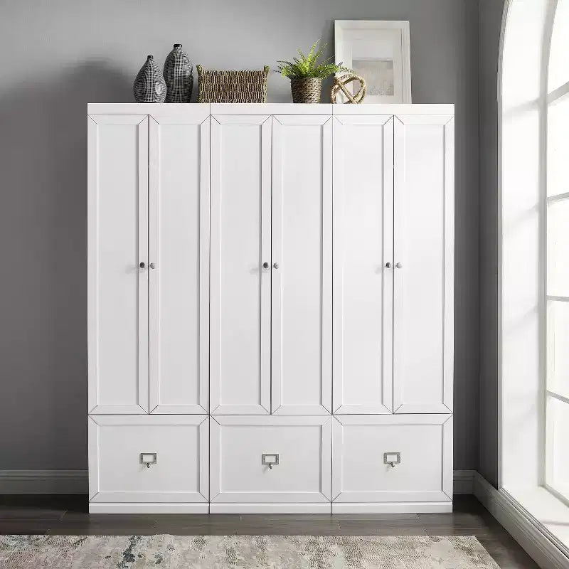 3pc Harper Entryway Pantry Closets White - Crosley: MDF Composite, Wood Veneer, 6 Doors, 3 Drawers, 9 Hooks, 74" Height