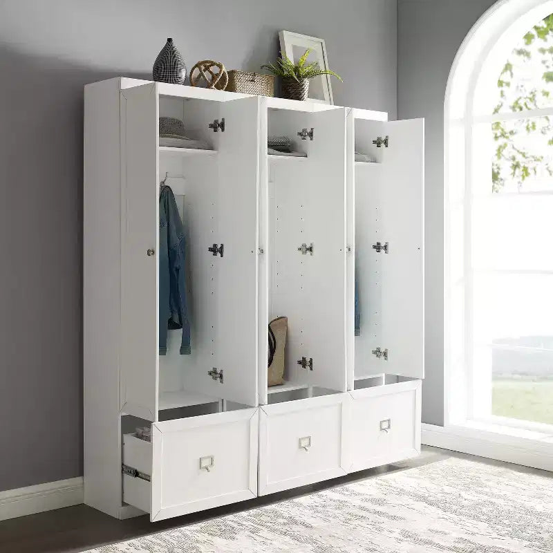 3pc Harper Entryway Pantry Closets White - Crosley: MDF Composite, Wood Veneer, 6 Doors, 3 Drawers, 9 Hooks, 74" Height