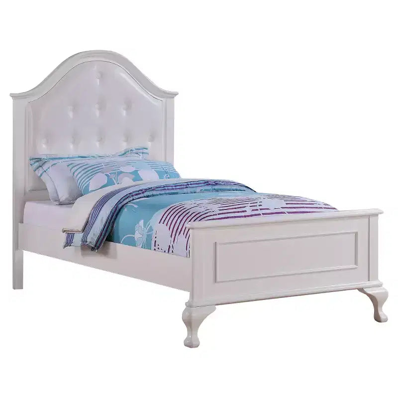 Isabella Youth Bed with Faux Leather Headboard Twin White: Arched Feet, Moldings - Picket House Furnishings