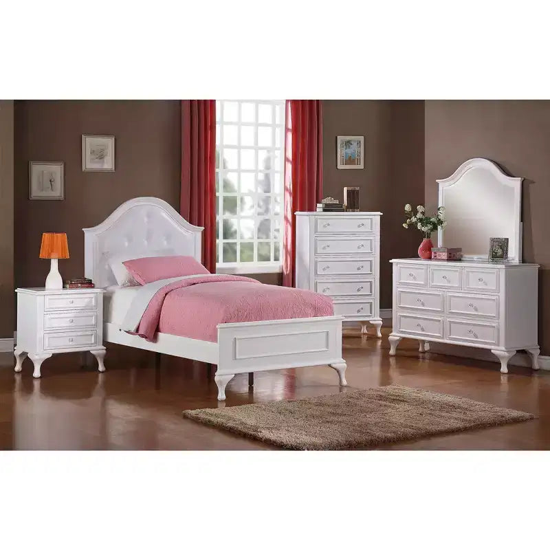 Isabella Youth Bed with Faux Leather Headboard Twin White: Arched Feet, Moldings - Picket House Furnishings