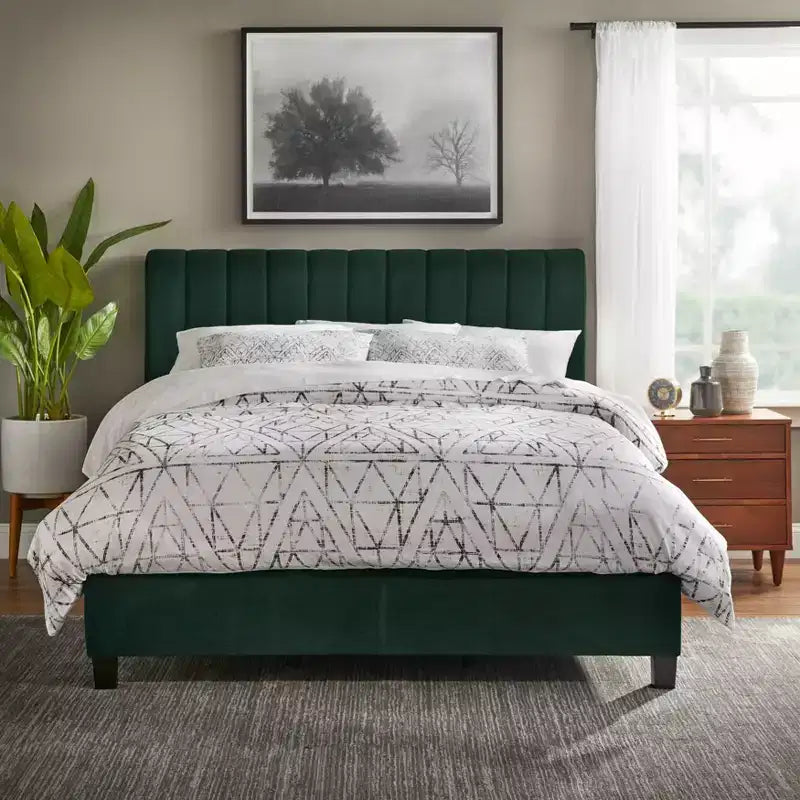 Lifestorey Teagan Queen Channel Upholstered Bed Emerald Green: Lifestorey, Tufted, Velvet Texture, Wood Frame