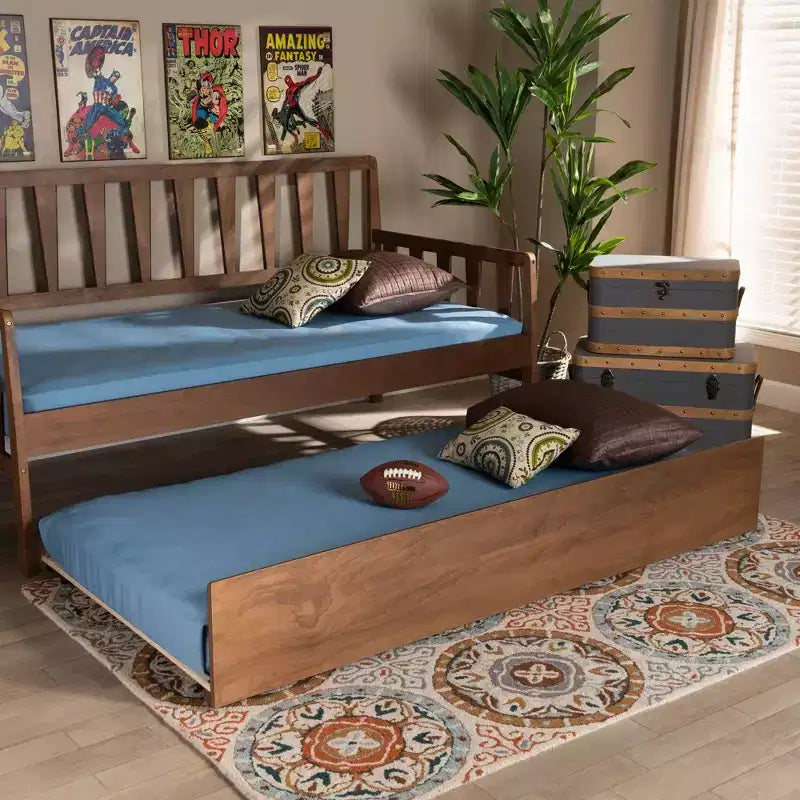 Twin Midori Wood Trundle Bed Walnut - Baxton Studio: Roll-Out Design, Rubberwood & MDF Frame, No Box Spring Needed