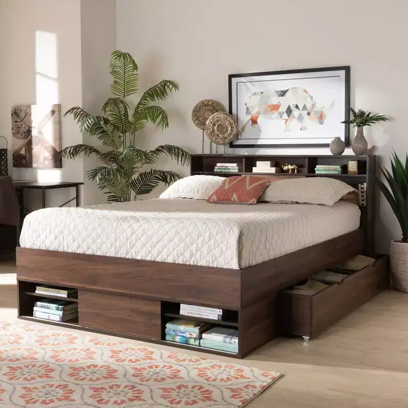 Queen 1 Drawer Tristan Wood Platform Storage Bed with Shelves Dark Brown - Baxton Studio