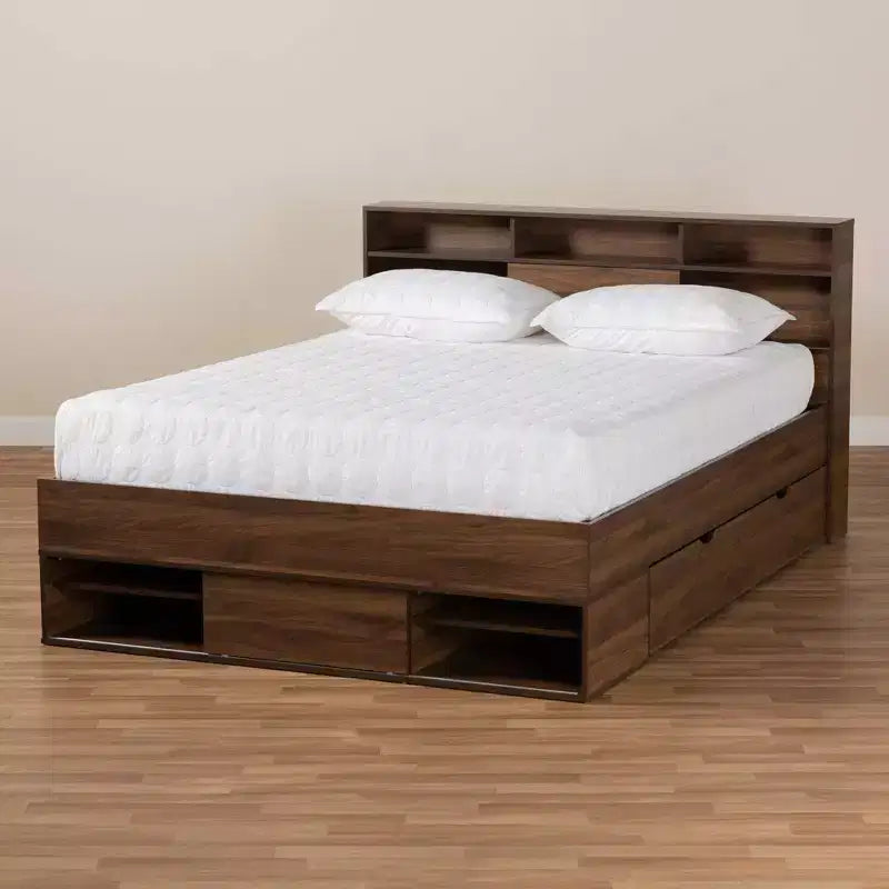 Queen 1 Drawer Tristan Wood Platform Storage Bed with Shelves Dark Brown - Baxton Studio
