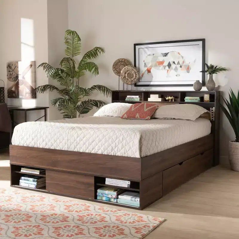 Queen 1 Drawer Tristan Wood Platform Storage Bed with Shelves Dark Brown - Baxton Studio