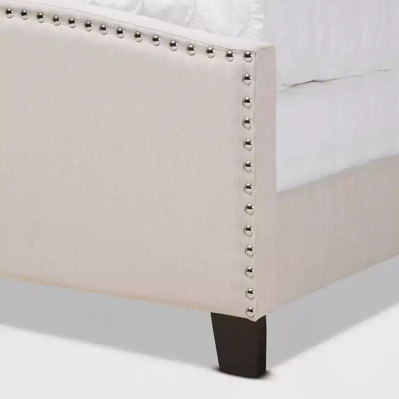 Baxton Studio King Morgan Fabric Upholstered Panel Bed Beige/Black: Nailhead Trim