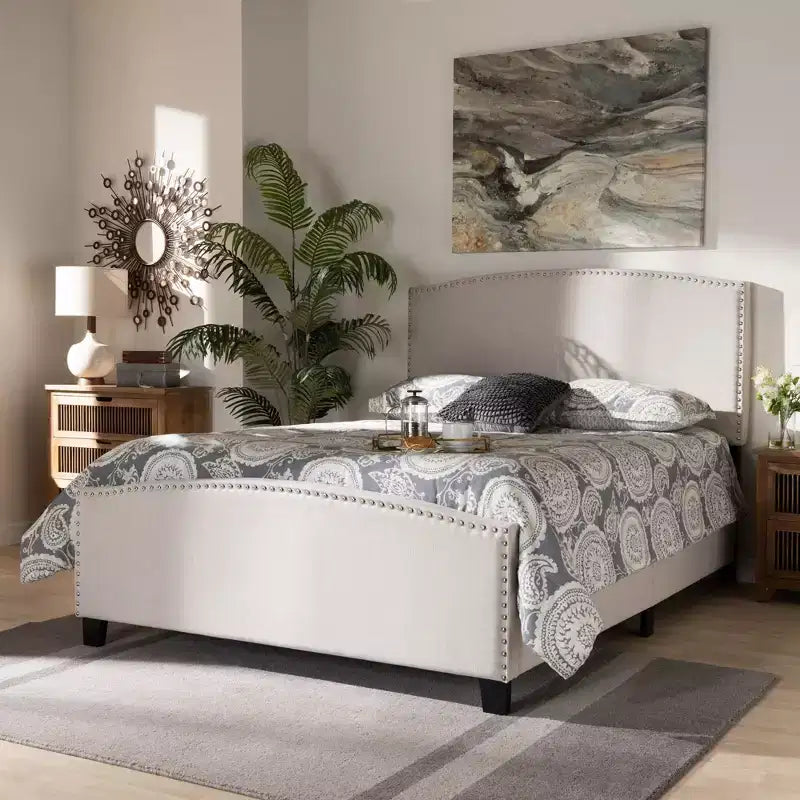 Baxton Studio King Morgan Fabric Upholstered Panel Bed Beige/Black: Nailhead Trim