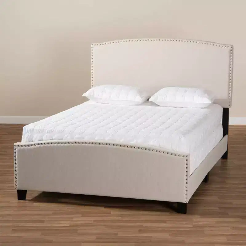 Baxton Studio King Morgan Fabric Upholstered Panel Bed Beige/Black: Nailhead Trim
