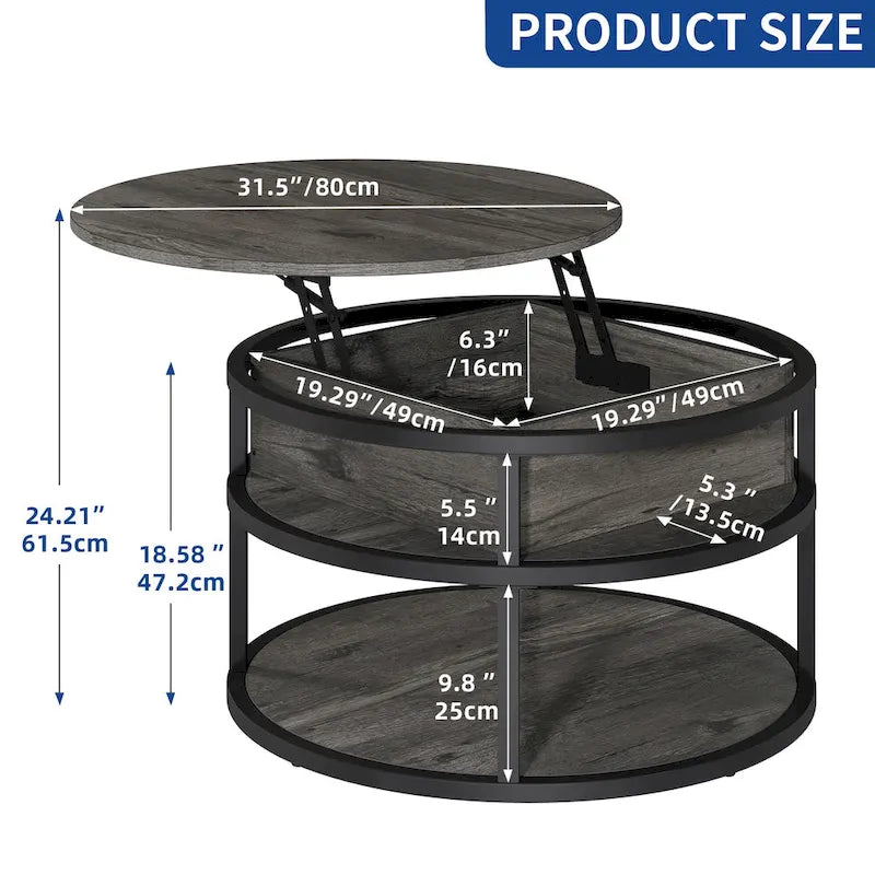 Moasis Farmhouse Lift Top Round Coffee Table with Hidden Storage and Shelf