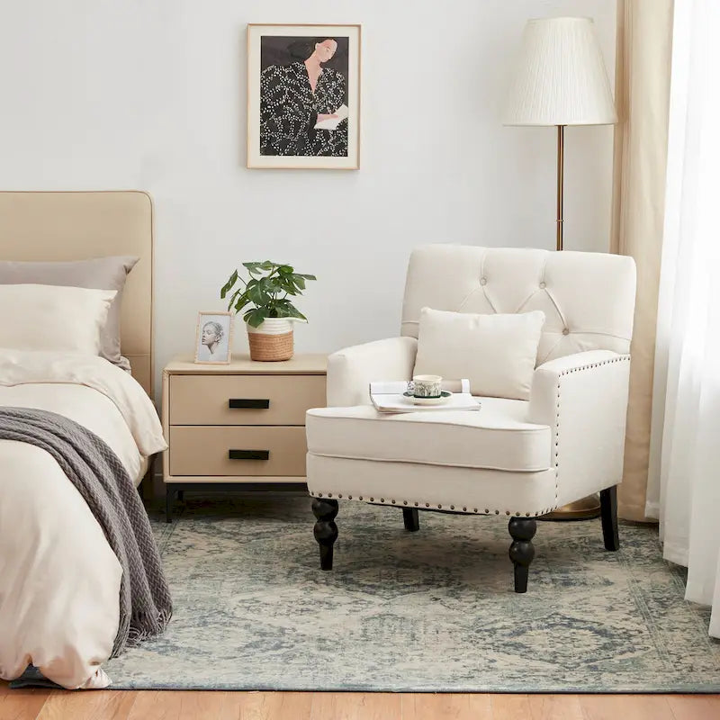 Set of 2 Arm Chair Upholstered Button Tufted Accent Chair with Lumbar Pillow Beige/ Grey/ Light Blue