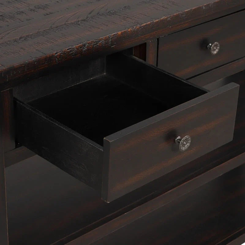 Console en bois avec 3 tiroirs de rangement et 2 étagères
