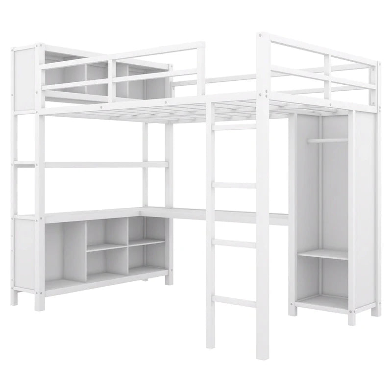 Off-White Metal Loft Bed with Desk and Wardrobe - Full Size