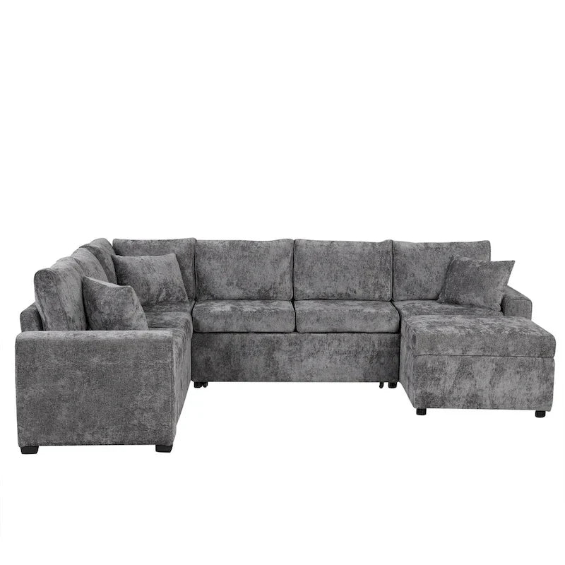 Chenille Sectional Sofa Pull-out Sofa Bed, L-Shape Sleeper Sofa with Storage Ottoman, 3 Pillows and Charging Devices