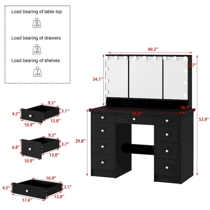 Luxurious LED Makeup Vanity with 9 Drawers Elegant Makeup Station