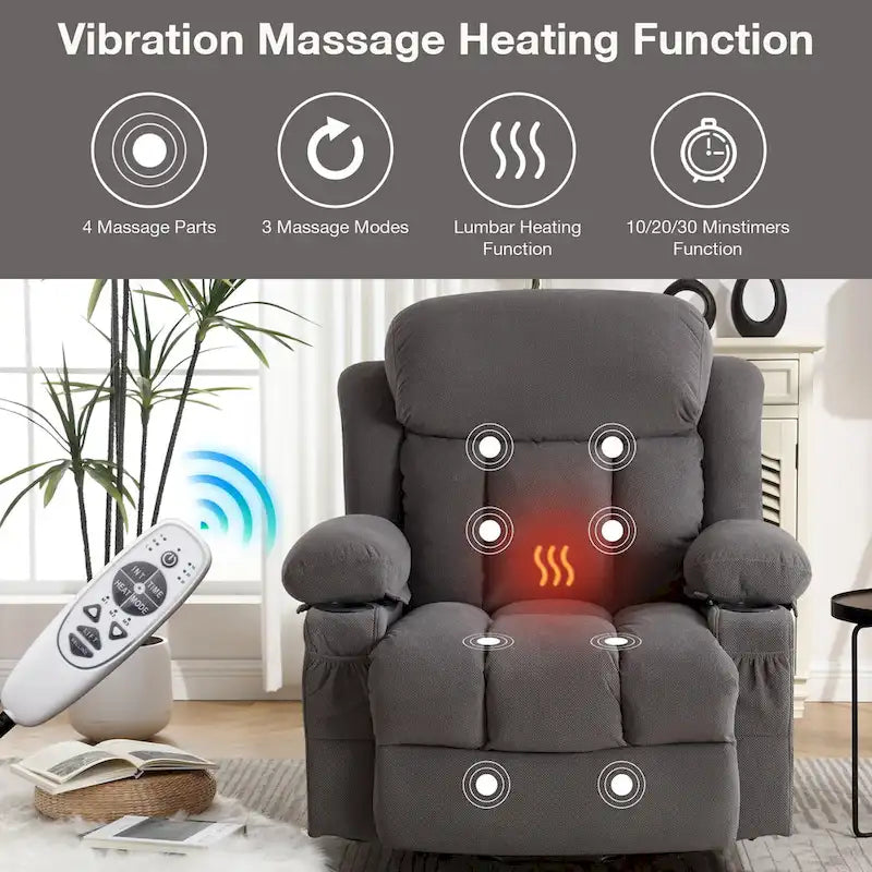 Grey Power Lift Recliner with Heated Massage, USB Charging, Remote Control, and Convenient Side Pockets for Seniors