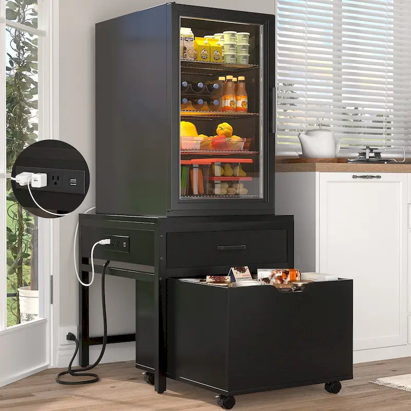 Mini Fridge Stand with Charge Station, Side/ End Table with Storage Drawers and Rolling Cabinet