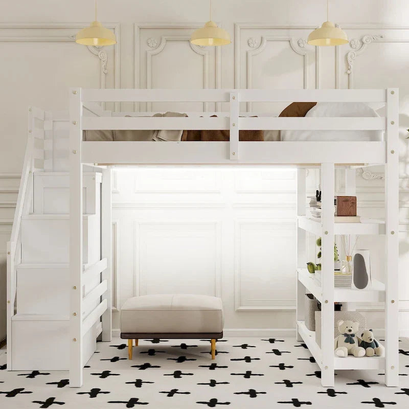 Full/Twin Loft Bed with Storage Stairs - Shelves, Wardrobe & LED Light, Space-Saving Design