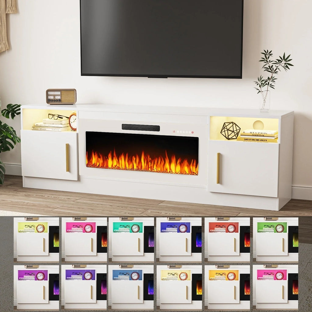 Meuble TV cheminée Bossin 70 avec cheminée électrique 36, meuble TV pour téléviseurs jusqu'à 80 pouces, lumières LED 16 couleurs/centre de divertissement