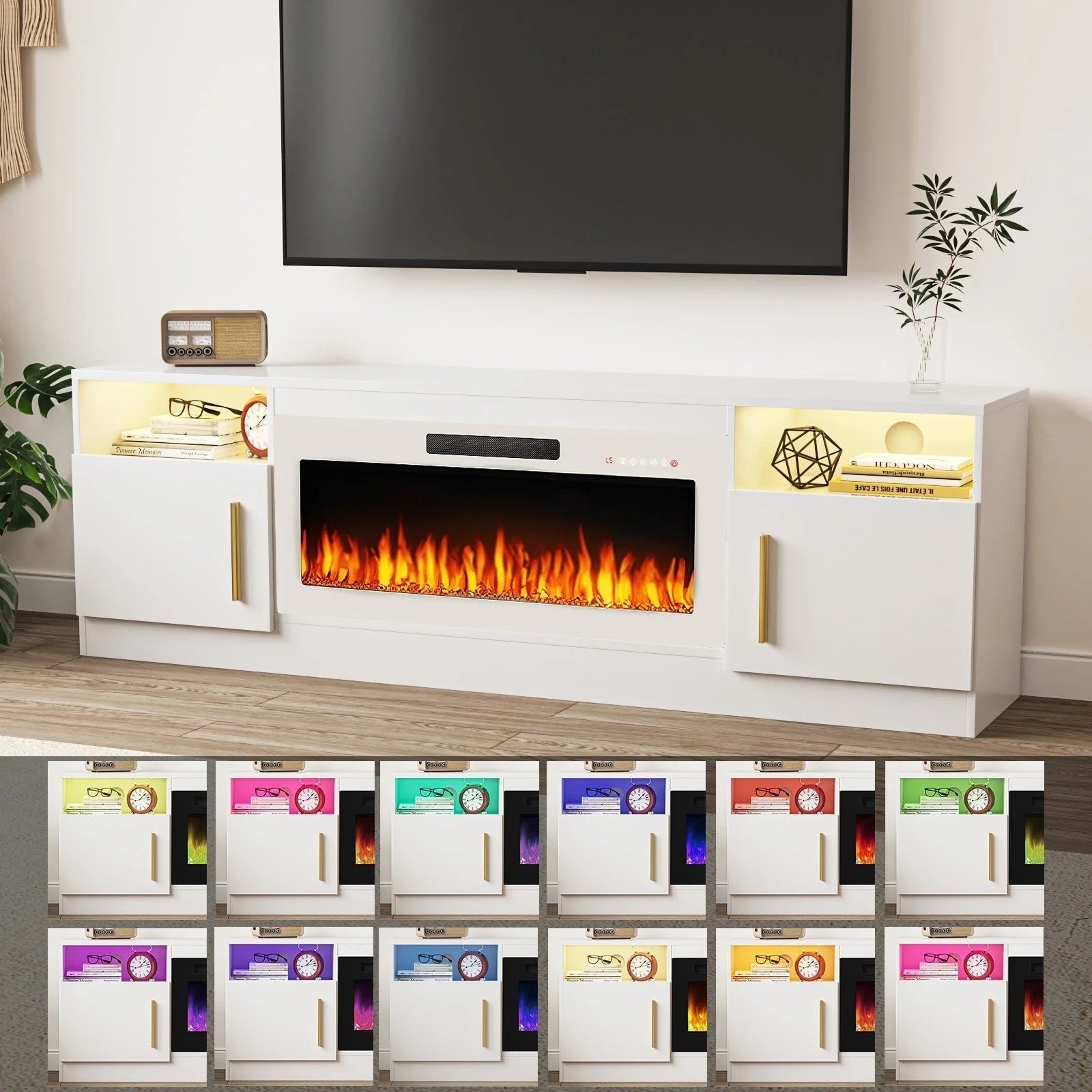 Meuble TV cheminée Bossin 70 avec cheminée électrique 36, meuble TV pour téléviseurs jusqu'à 80 pouces, lumières LED 16 couleurs/centre de divertissement