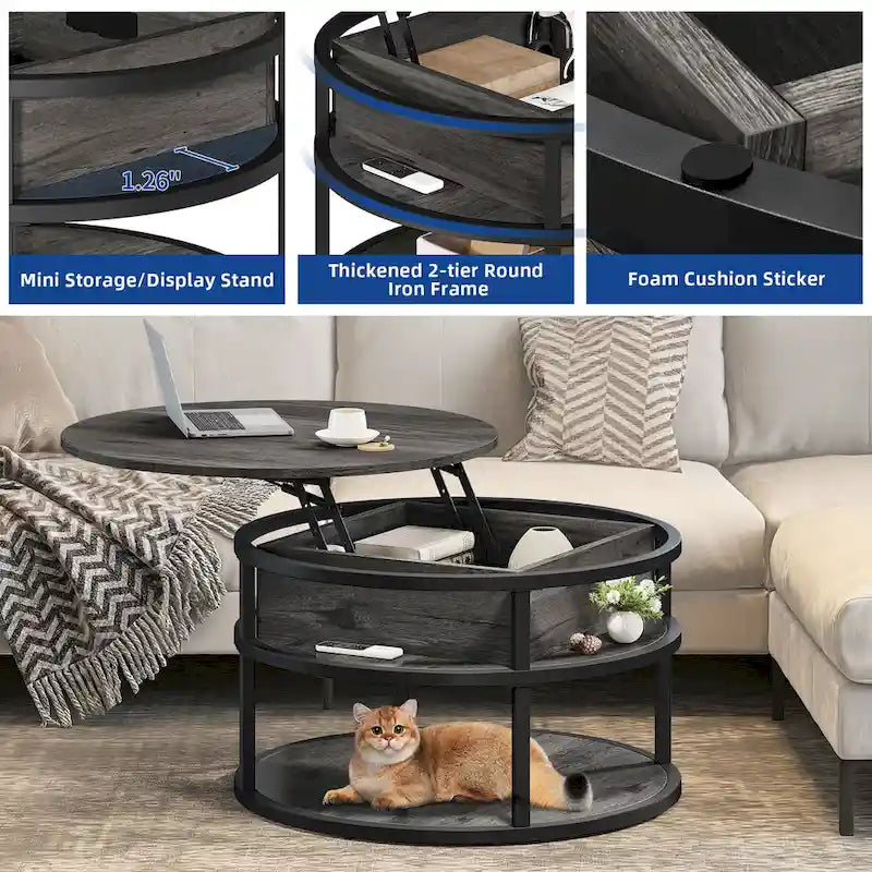 Moasis Farmhouse Lift Top Round Coffee Table with Hidden Storage and Shelf