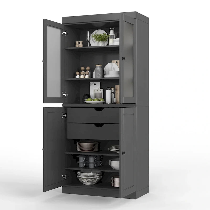 100% Solid Wood Pantry Cabinet with Frosted Glass Doors, Solid Doors, 2-Drawers and Adjustable Shelves