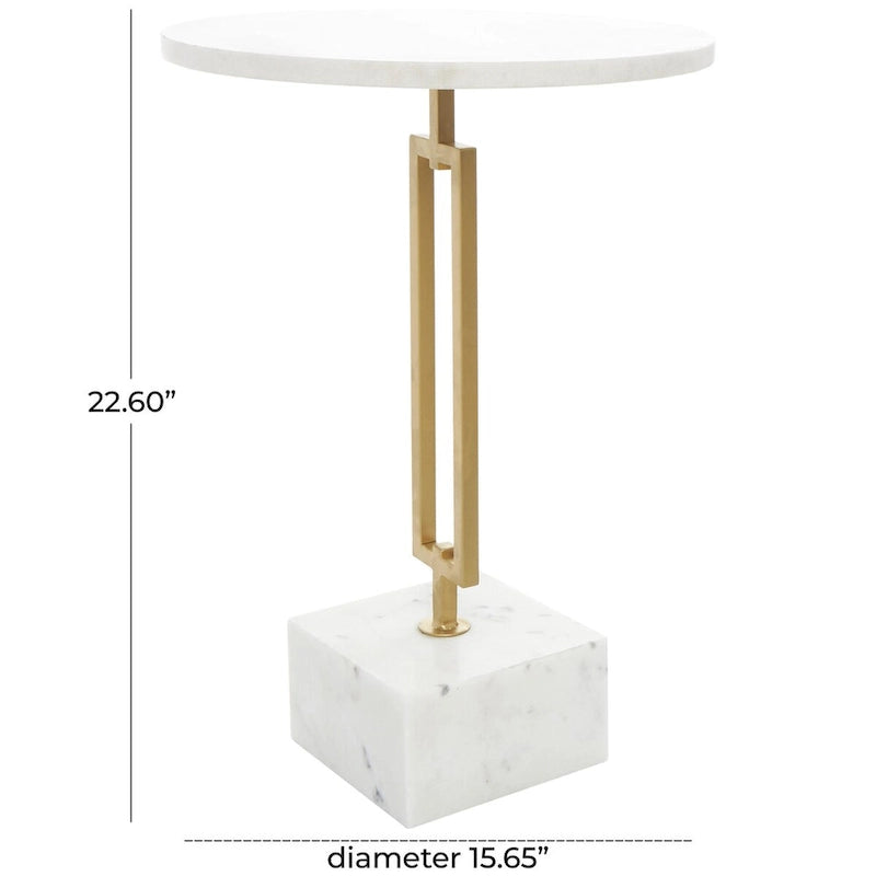 Marble Geometric Side End Accent Table with Gold Metal Rectangular Stand - White - Roche River Decor