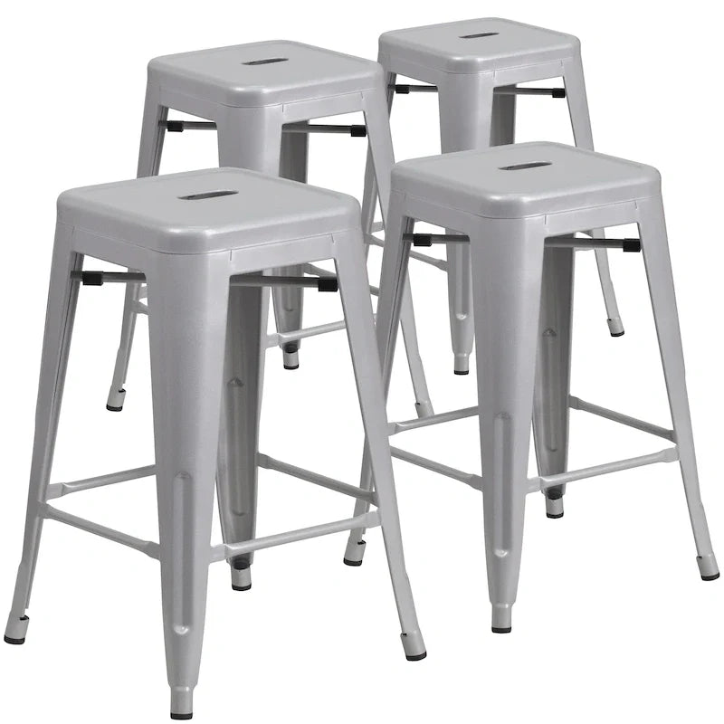 4 Pack 24 H Backless Metal Indoor-Outdoor Counter Height Stool w/Square Seat