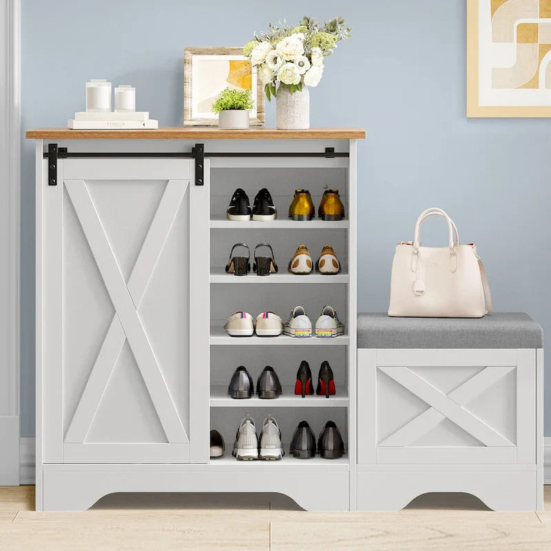 Farmhouse Shoe Cabinet with Sliding Door Shoe Bench 5-Tier Shoe Storage Cabinet with Adjustable Shelves for 20 Pairs