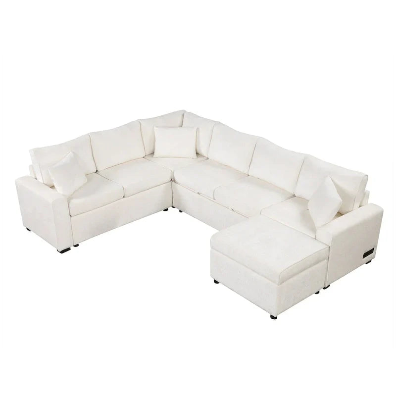 Chenille Sectional Sofa Pull-out Sofa Bed, L-Shape Sleeper Sofa with Storage Ottoman, 3 Pillows and Charging Devices