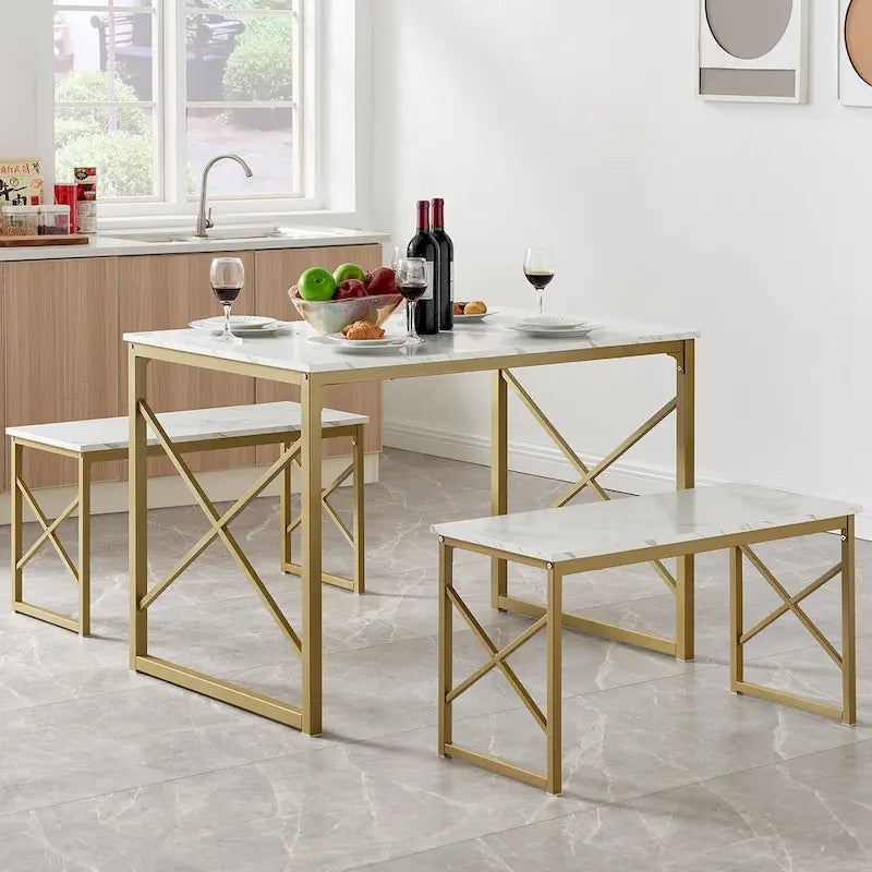 Table à manger 3 pièces VECELO avec banc, ensemble de table de salle à manger pour 4-6 personnes, table de cuisine avec 2 bancs, ensemble de table à manger