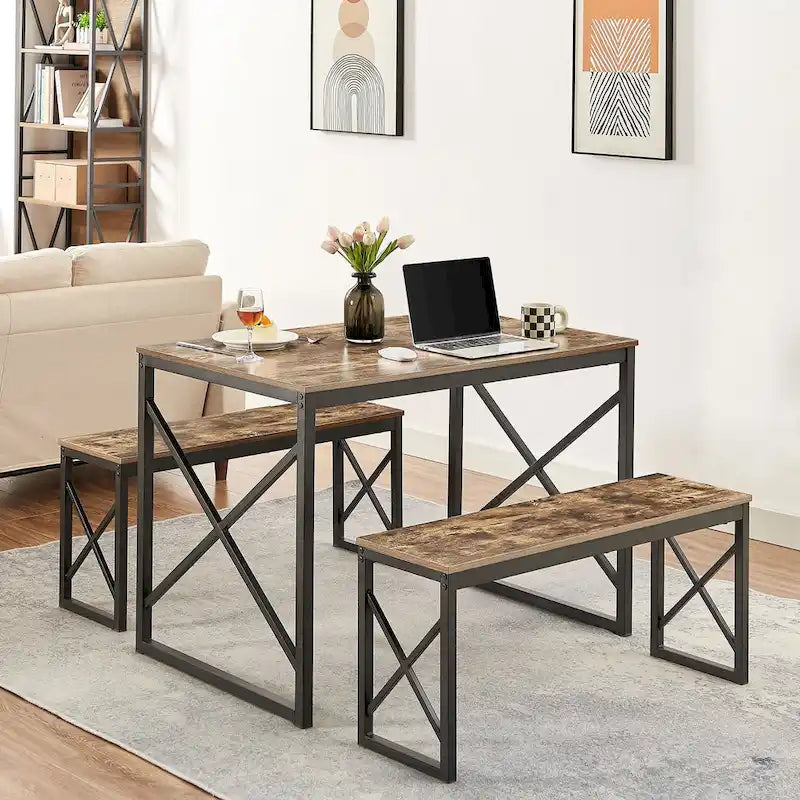 Table à manger 3 pièces VECELO avec banc, ensemble de table de salle à manger pour 4-6 personnes, table de cuisine avec 2 bancs, ensemble de table à manger