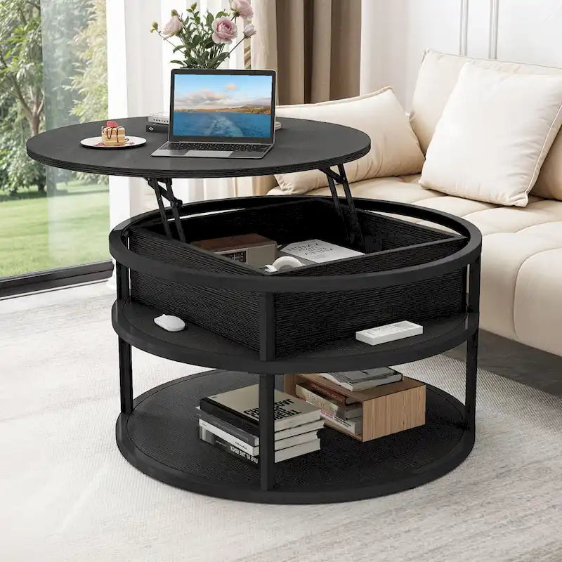 Moasis Farmhouse Lift Top Round Coffee Table with Hidden Storage and Shelf