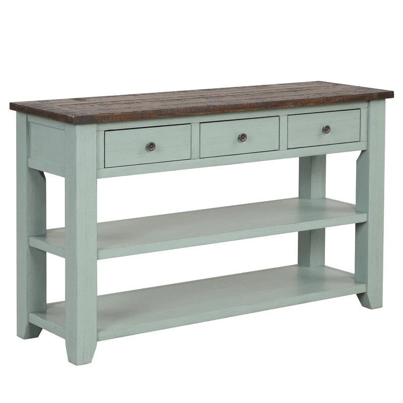 Console en bois avec 3 tiroirs de rangement et 2 étagères