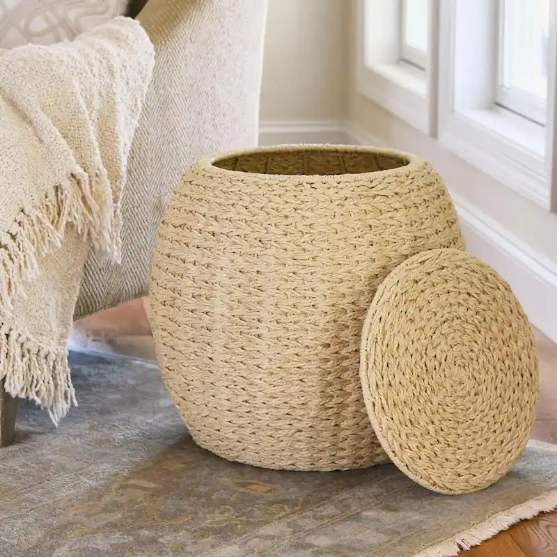 Household Essentials Handwoven Barrel Wicker Storage Basket Side Table - 17.0L x 17.0W x 19.0H