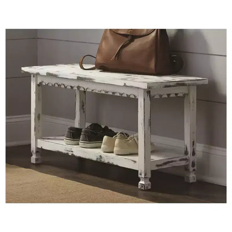 Country Cottage Entryway Wood Bench with Shelf Antique Finish - Alaterre Furniture