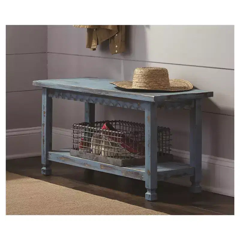 Country Cottage Entryway Wood Bench with Shelf Antique Finish - Alaterre Furniture