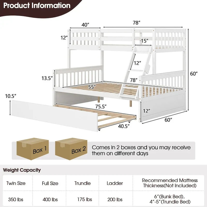 Gymax Twin Over Full Bunk Bed with Twin Trundle Convertible Platform